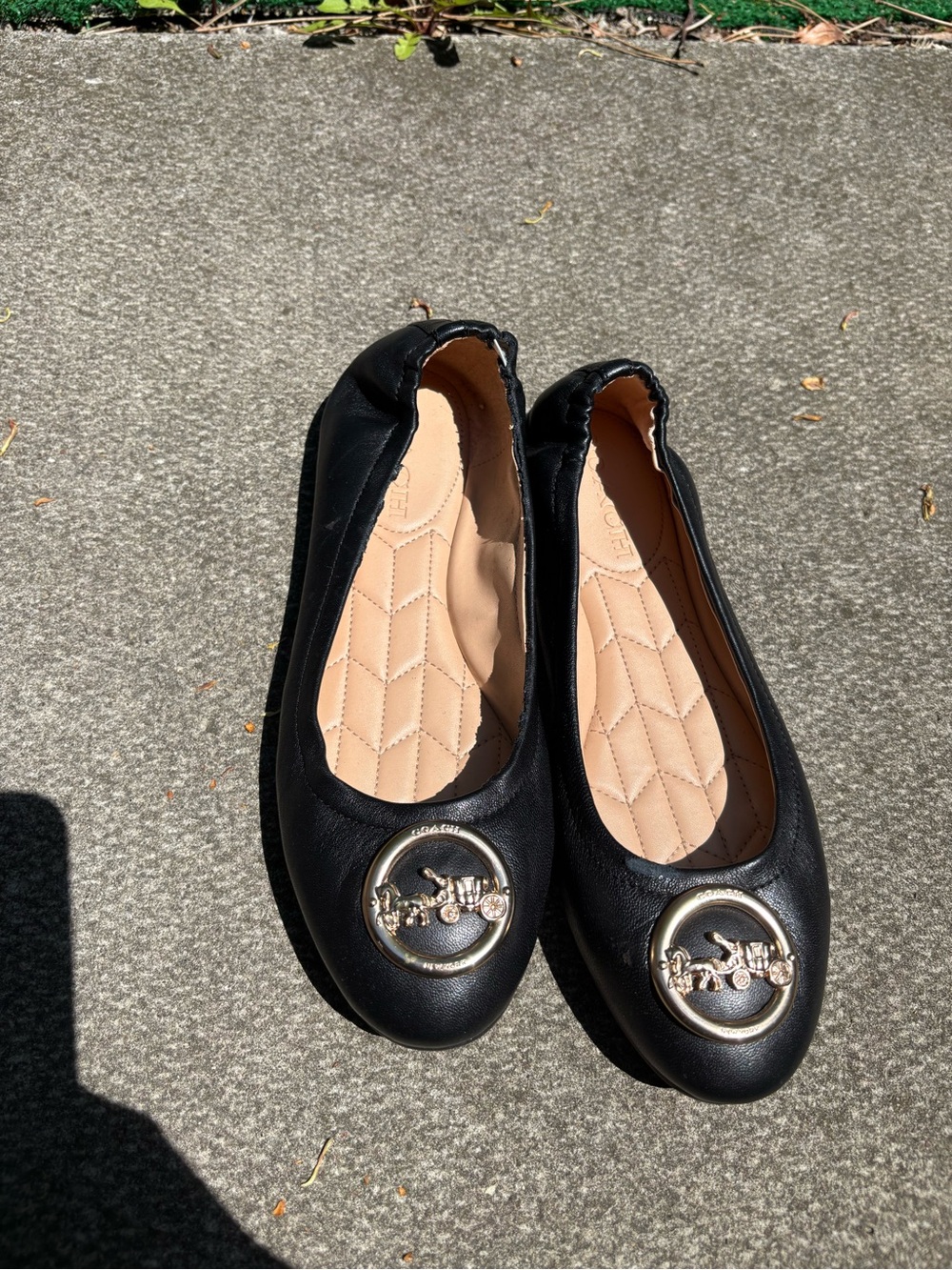 Coach Black Leather Ballet Flats with Quilted Insole and Gold Accent